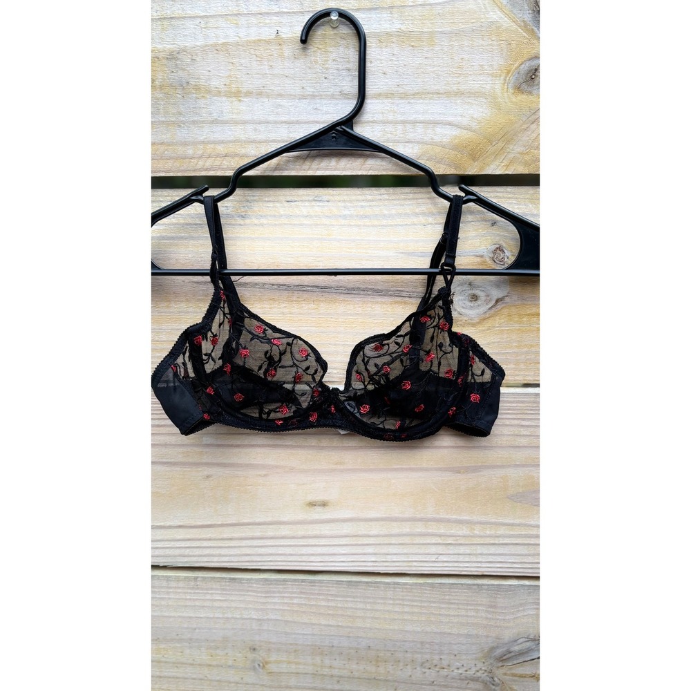 On Gossamer Black Red Rose Floral Embroidered Sheer Mesh Underwire Bra 36B - Picture 2 of 6